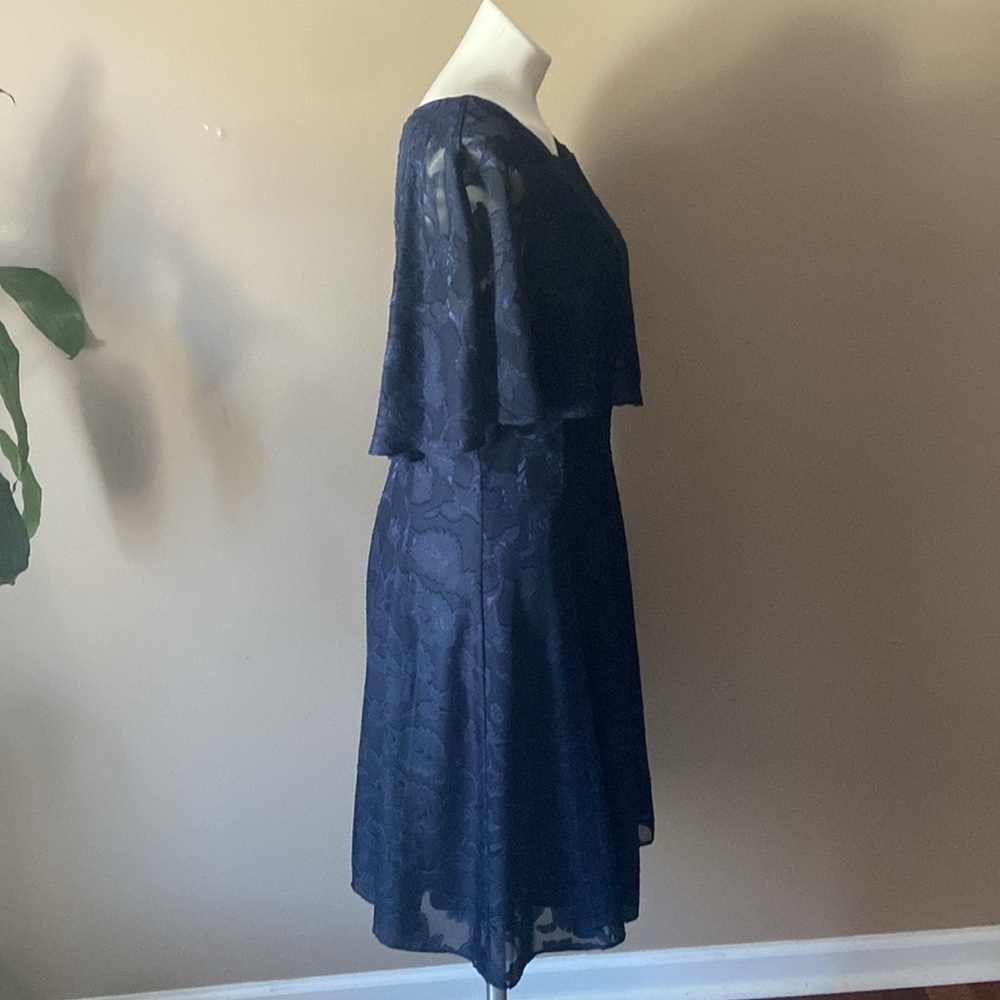 J. Taylor Navy Blue Floral Cape Knee Length Dress Size 14 Modest Fit - Picture 2 of 5